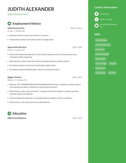 Video Rental Clerk Resume