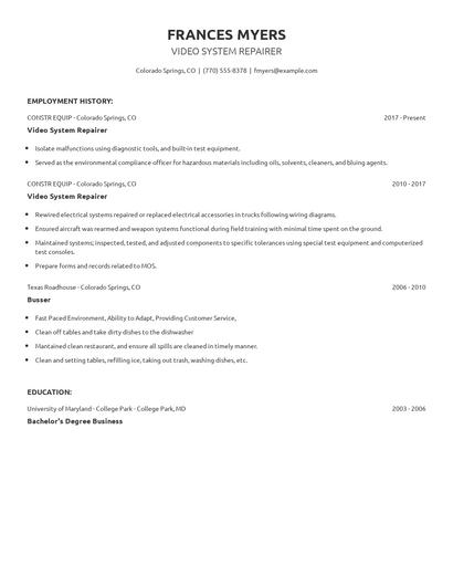 Video System Repairer Resume
