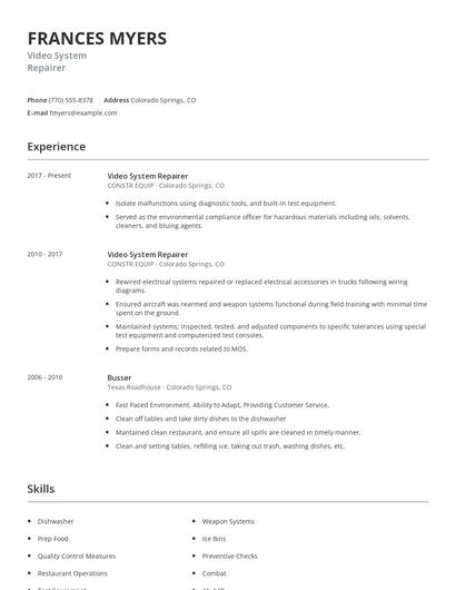 Video System Repairer Resume