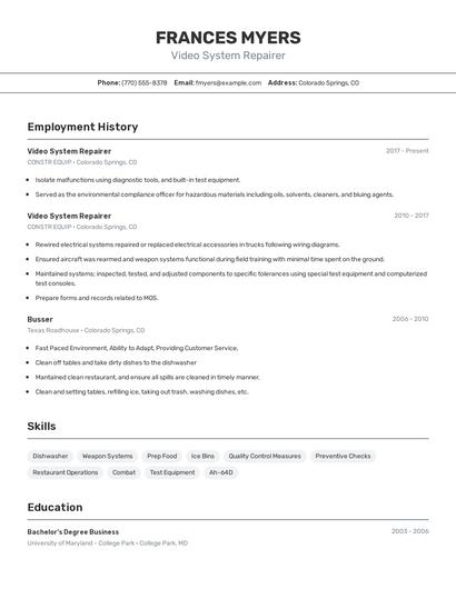 Video System Repairer Resume