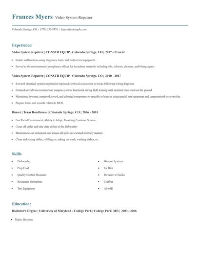 Video System Repairer Resume