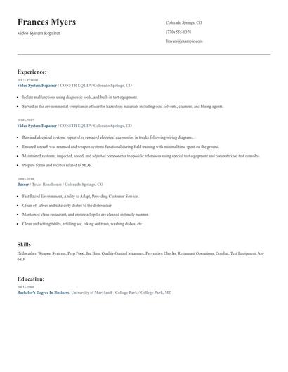 Video System Repairer Resume