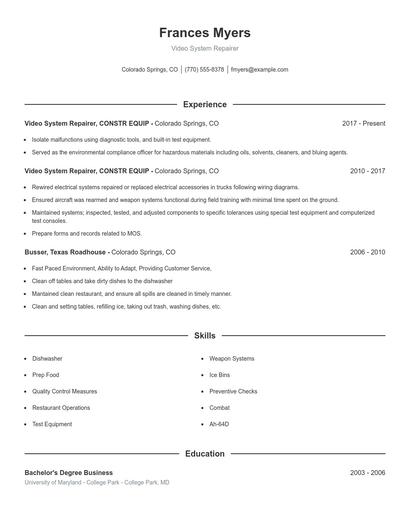 Video System Repairer Resume