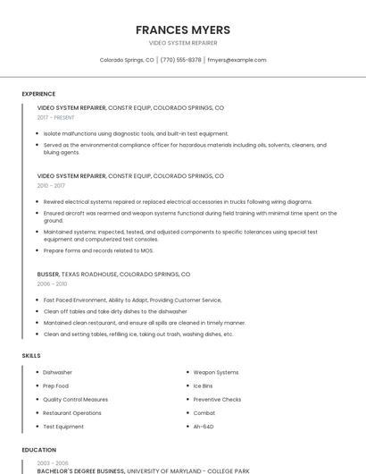 Video System Repairer Resume