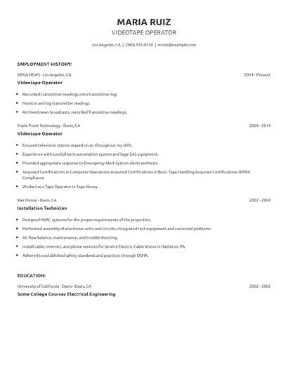 Videotape Operator Resume