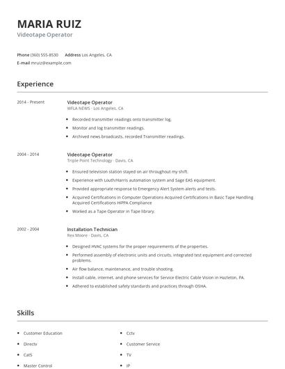 Videotape Operator Resume