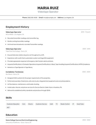Videotape Operator Resume