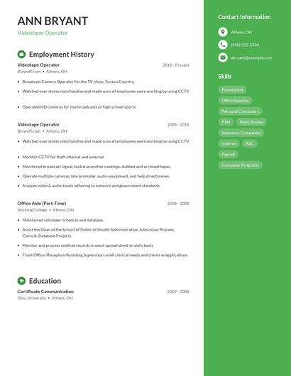 Videotape Operator Resume