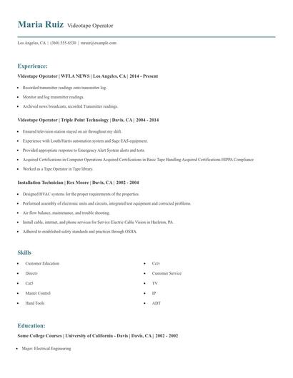 Videotape Operator Resume