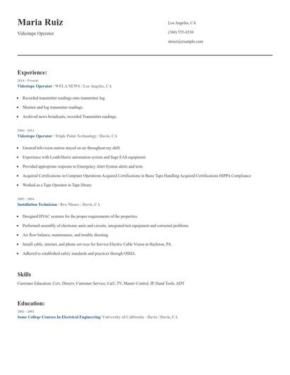 Videotape Operator Resume