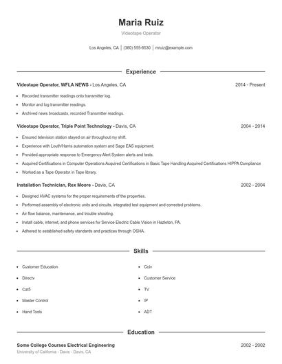 Videotape Operator Resume
