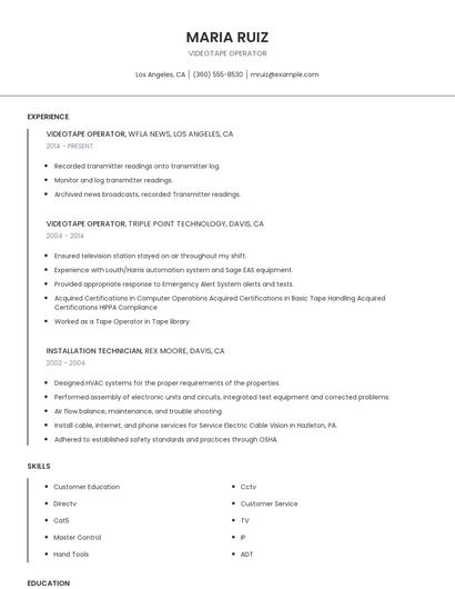 Videotape Operator Resume