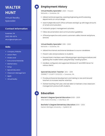 Virtual Reality Specialist Resume