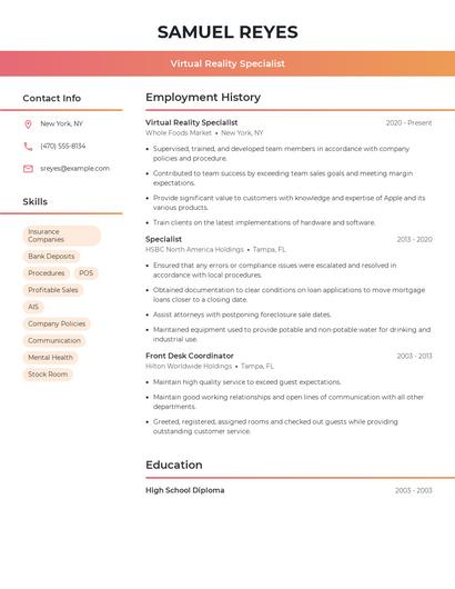 Virtual Reality Specialist Resume