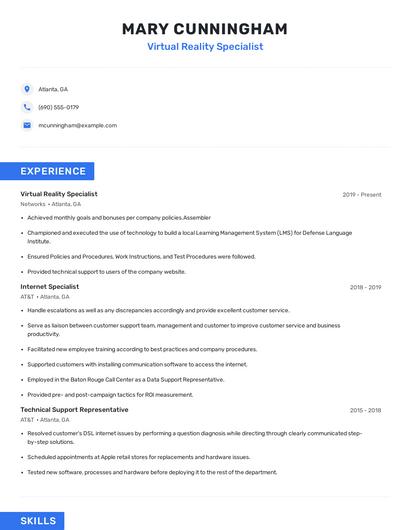 Virtual Reality Specialist Resume