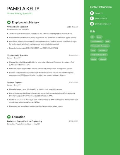 Virtual Reality Specialist Resume