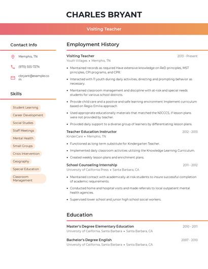 Visiting Teacher Resume