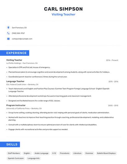 Visiting Teacher Resume