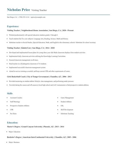 Visiting Teacher Resume
