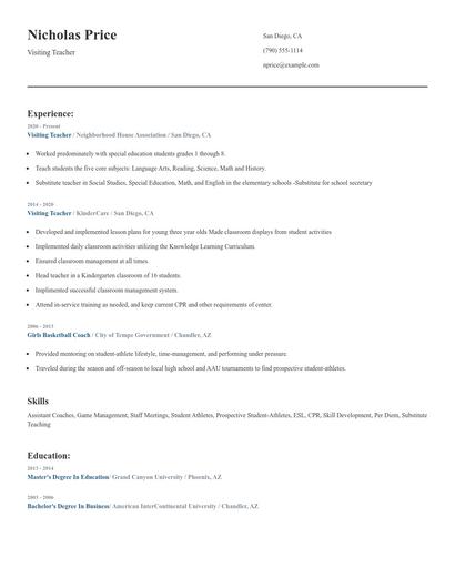 Visiting Teacher Resume