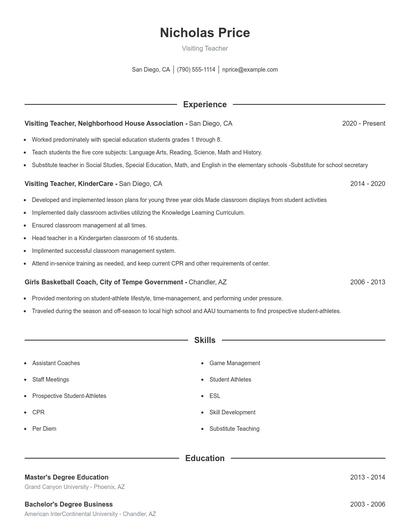 Visiting Teacher Resume