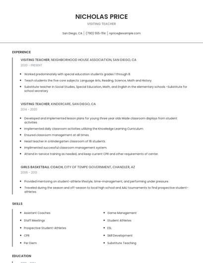 Visiting Teacher Resume