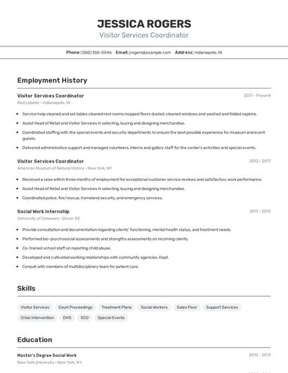 Visitor Services Coordinator Resume