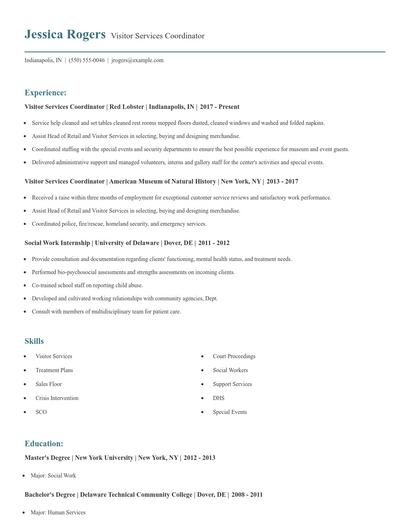 Visitor Services Coordinator Resume