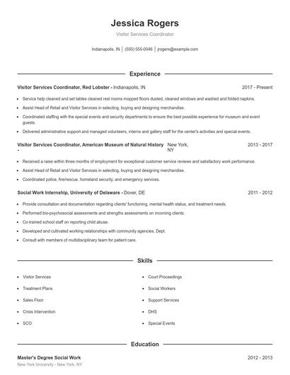 Visitor Services Coordinator Resume