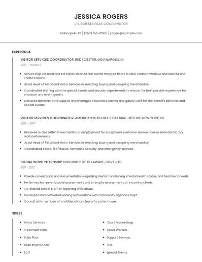 Visitor Services Coordinator Resume