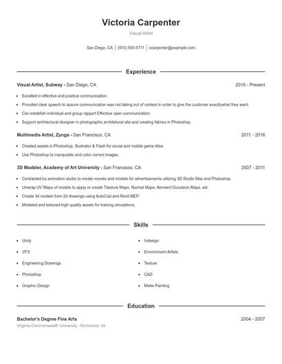 Visual Artist Resume