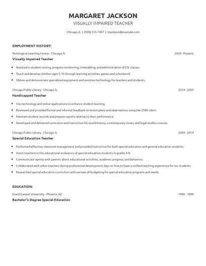 Visually Impaired Teacher Resume