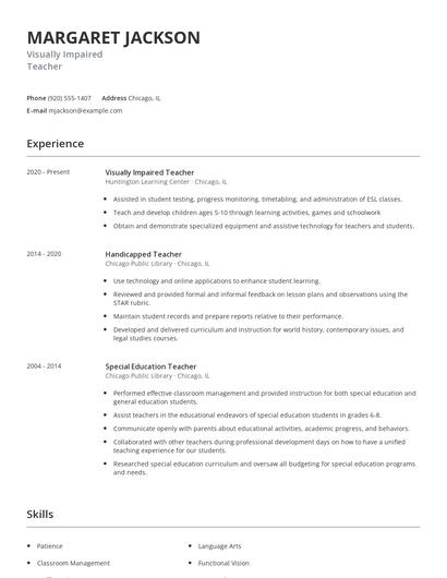 Visually Impaired Teacher Resume