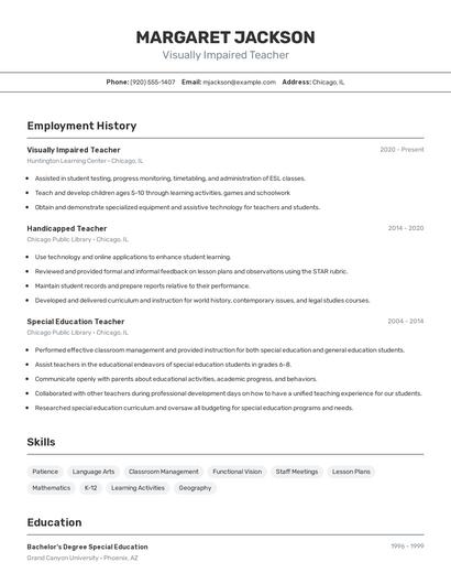 Visually Impaired Teacher Resume
