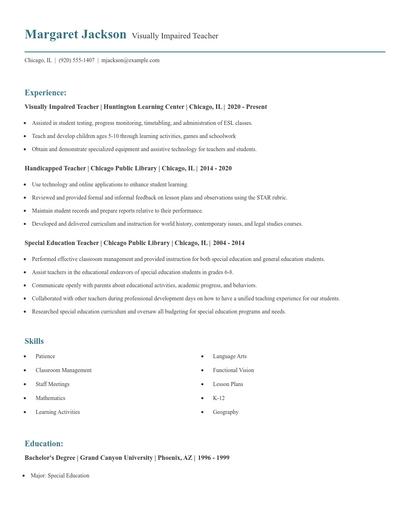 Visually Impaired Teacher Resume