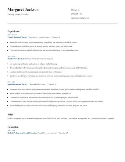 Visually Impaired Teacher Resume