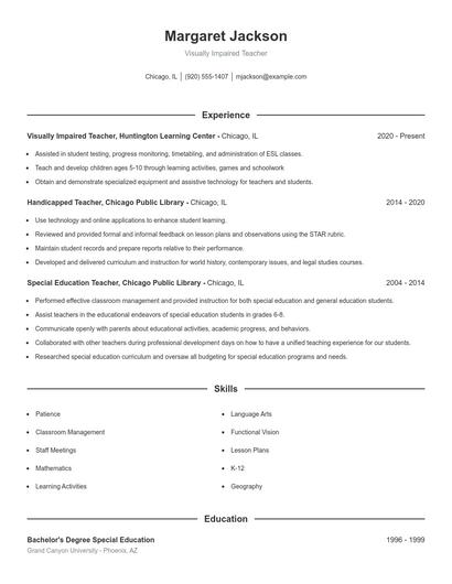 Visually Impaired Teacher Resume