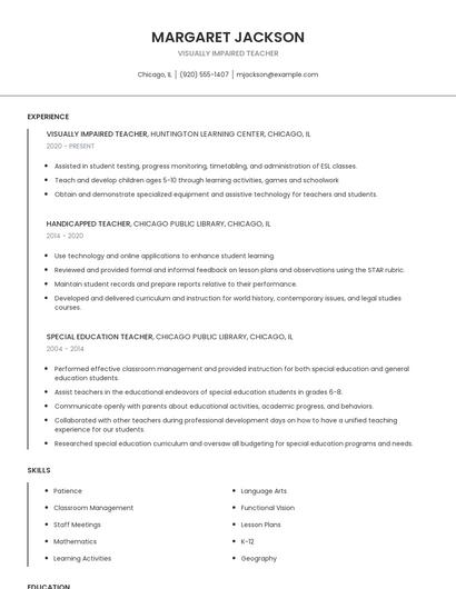 Visually Impaired Teacher Resume