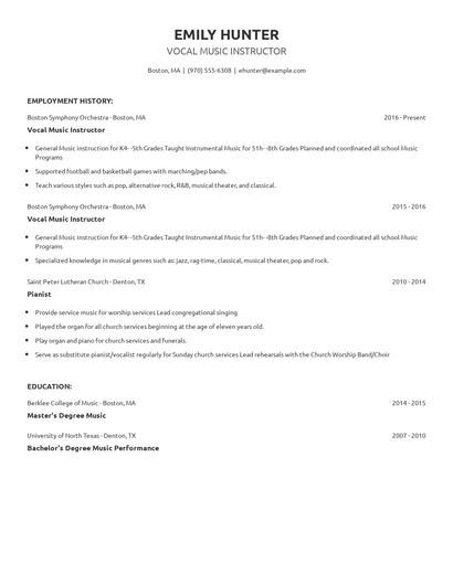 Vocal Music Instructor Resume