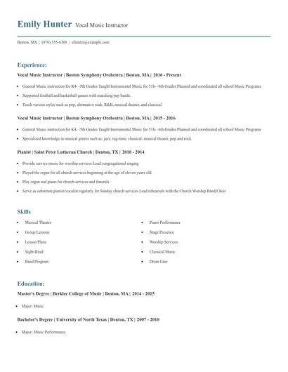 Vocal Music Instructor Resume