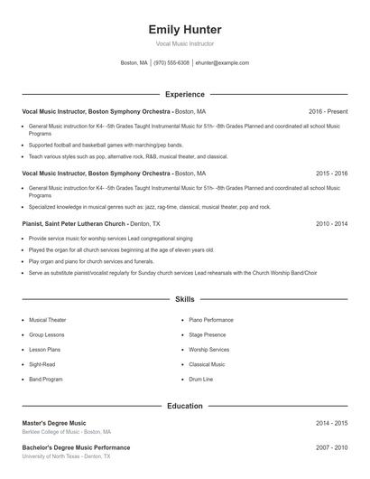Vocal Music Instructor Resume