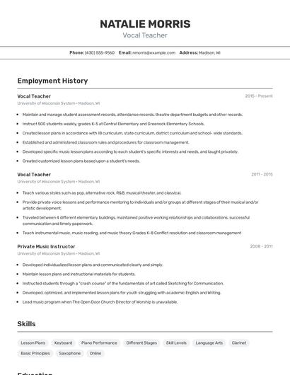 Vocal Teacher Resume