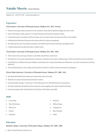 Vocal Teacher Resume