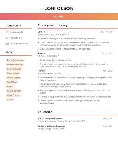 Vocalist Resume