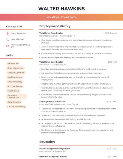 Vocational Coordinator Resume