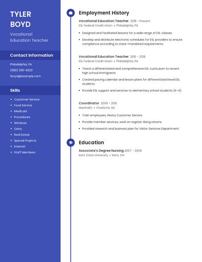 Vocational Education Teacher Resume