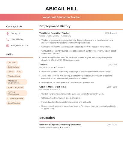 Vocational Education Teacher Resume