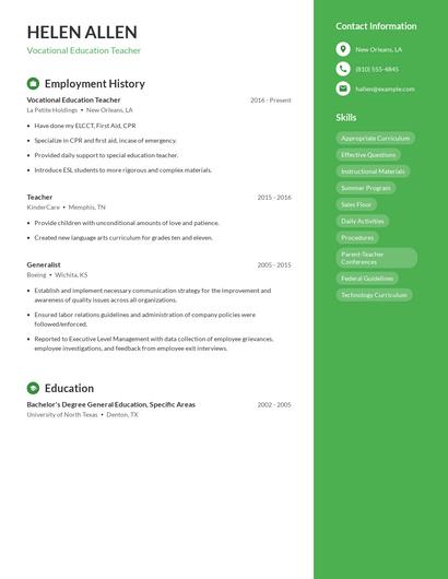 Vocational Education Teacher Resume