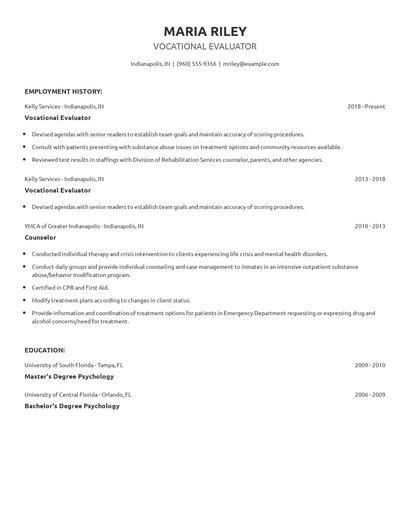 Vocational Evaluator Resume