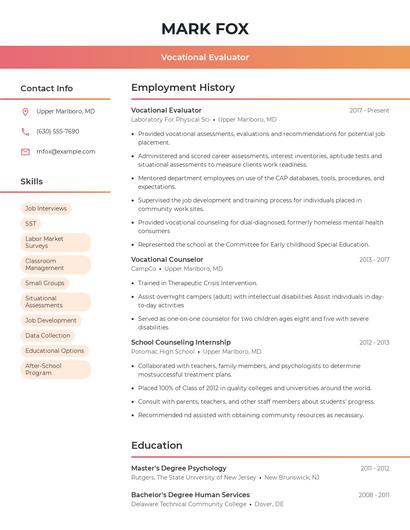 Vocational Evaluator Resume